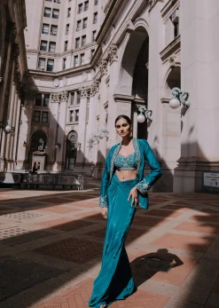 Teal Drape Skirt With Hand Embroidered Blouse And Jacket