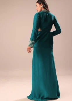 Teal Drape Skirt With Hand Embroidered Blouse And Jacket