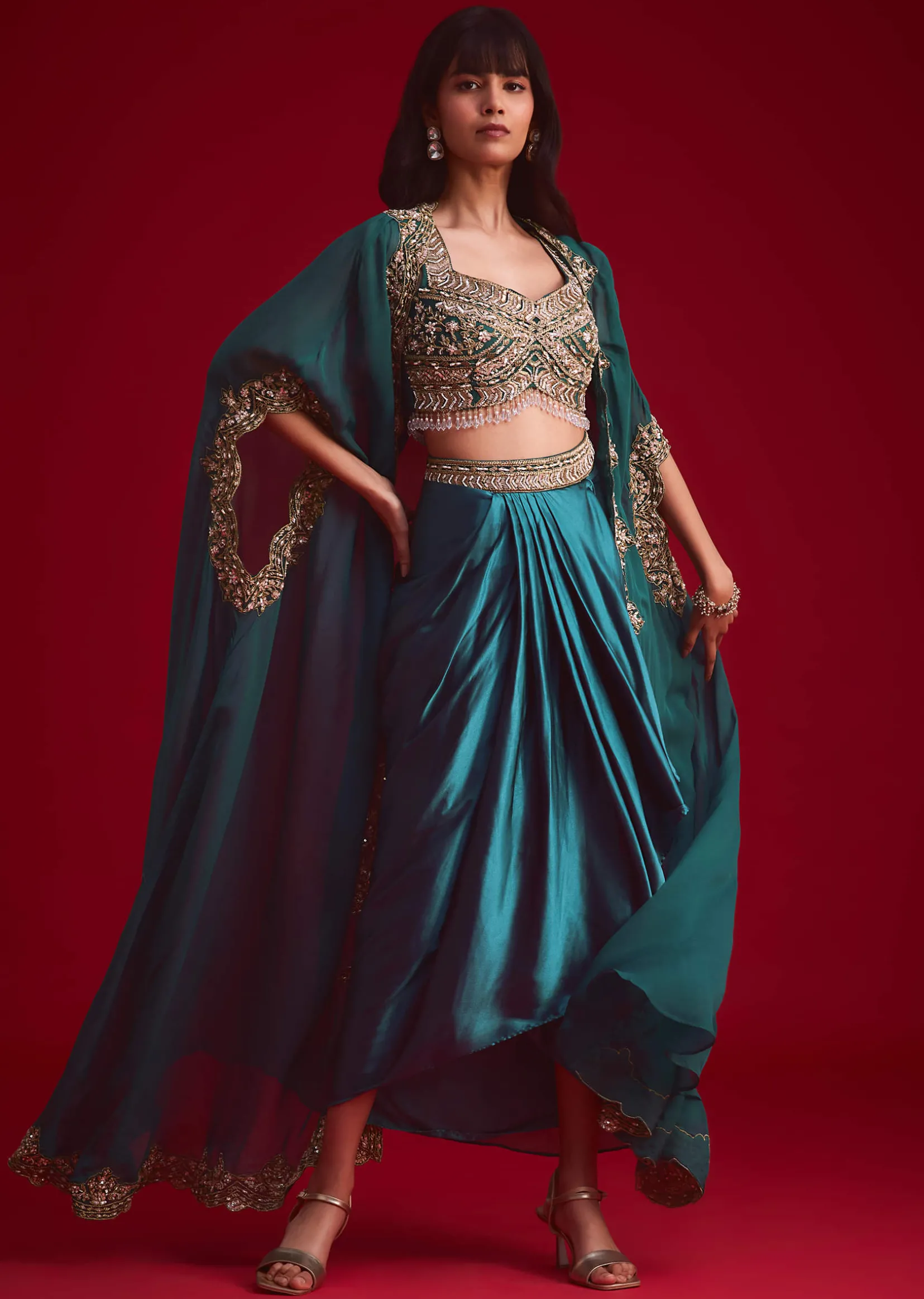 Teal Embroidered Crop Top And Draped Skirt With Jacket