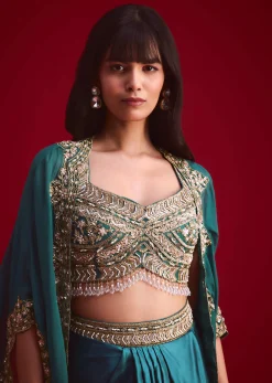Teal Embroidered Crop Top And Draped Skirt With Jacket