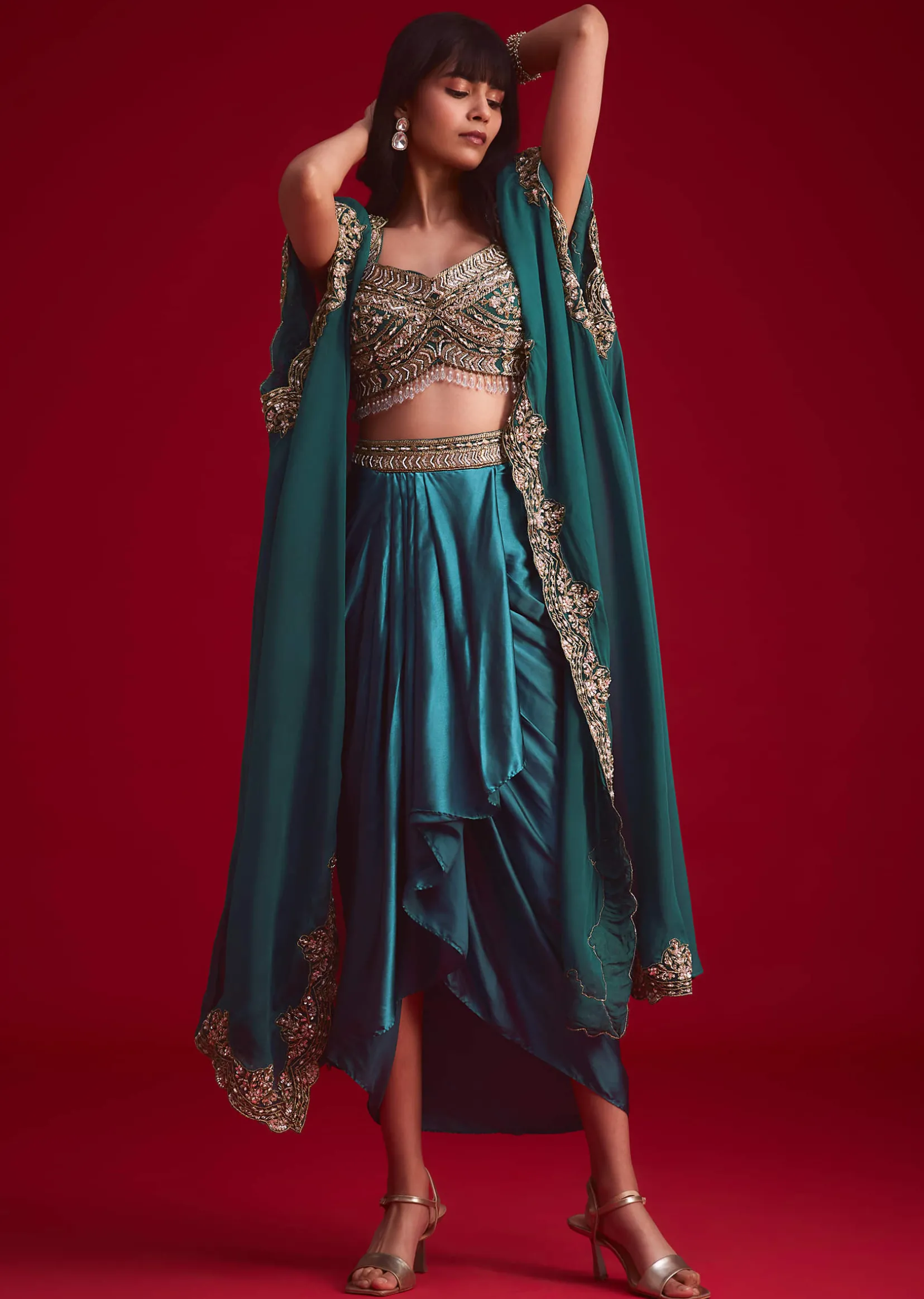 Teal Embroidered Crop Top And Draped Skirt With Jacket