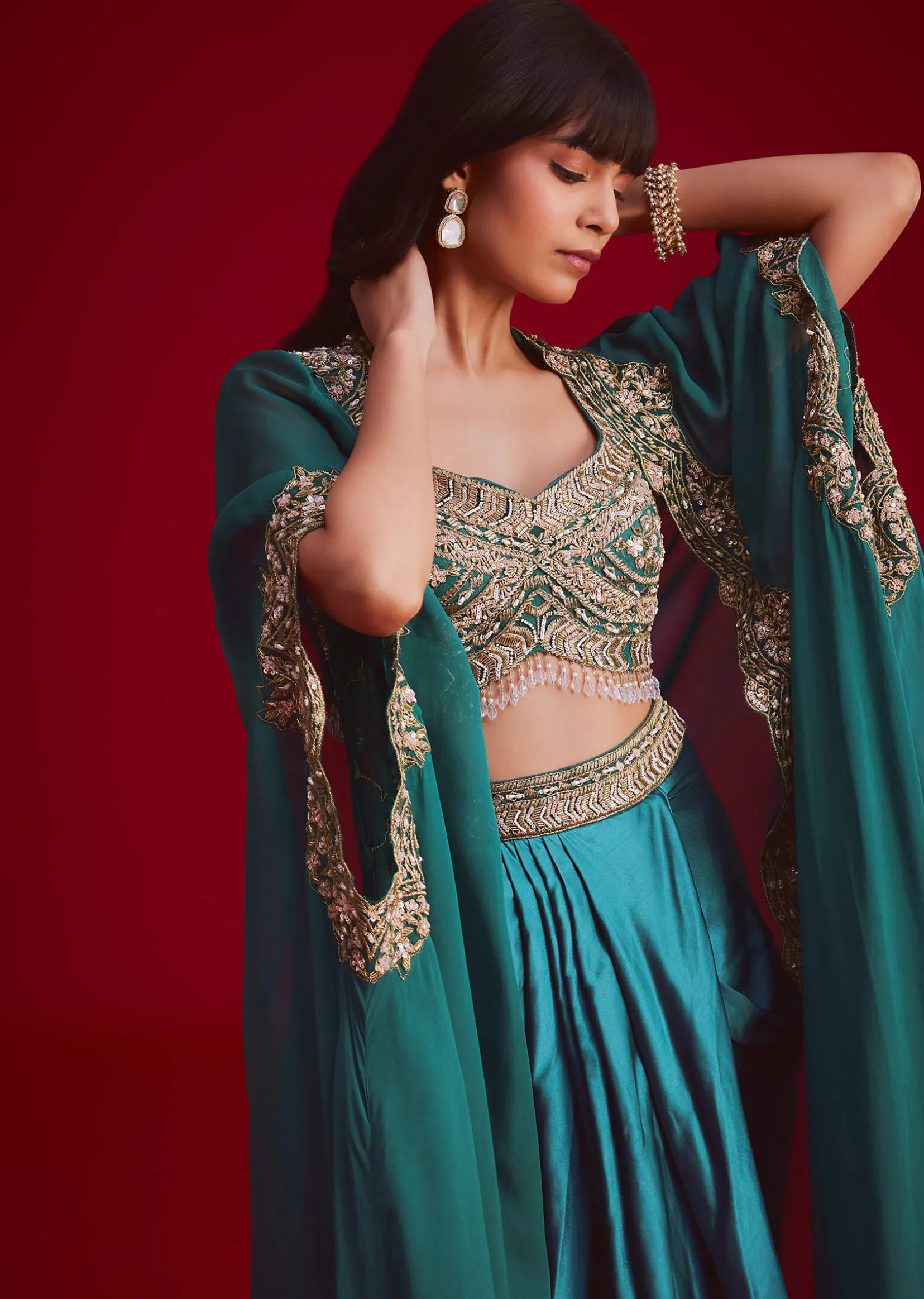 Teal Embroidered Crop Top And Draped Skirt With Jacket