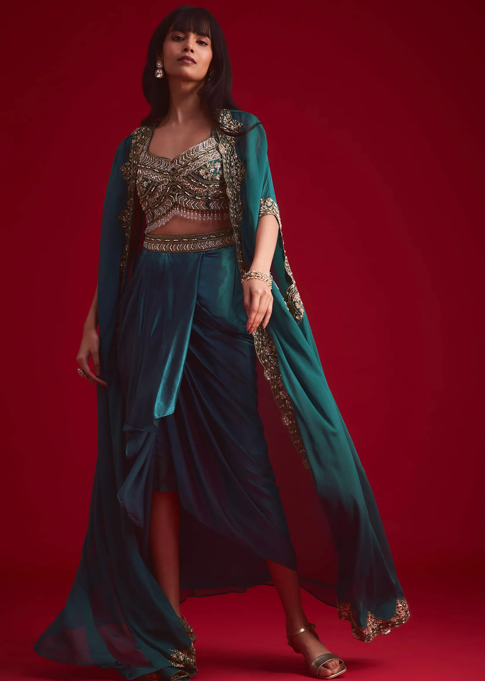 Teal Embroidered Crop Top And Draped Skirt With Jacket