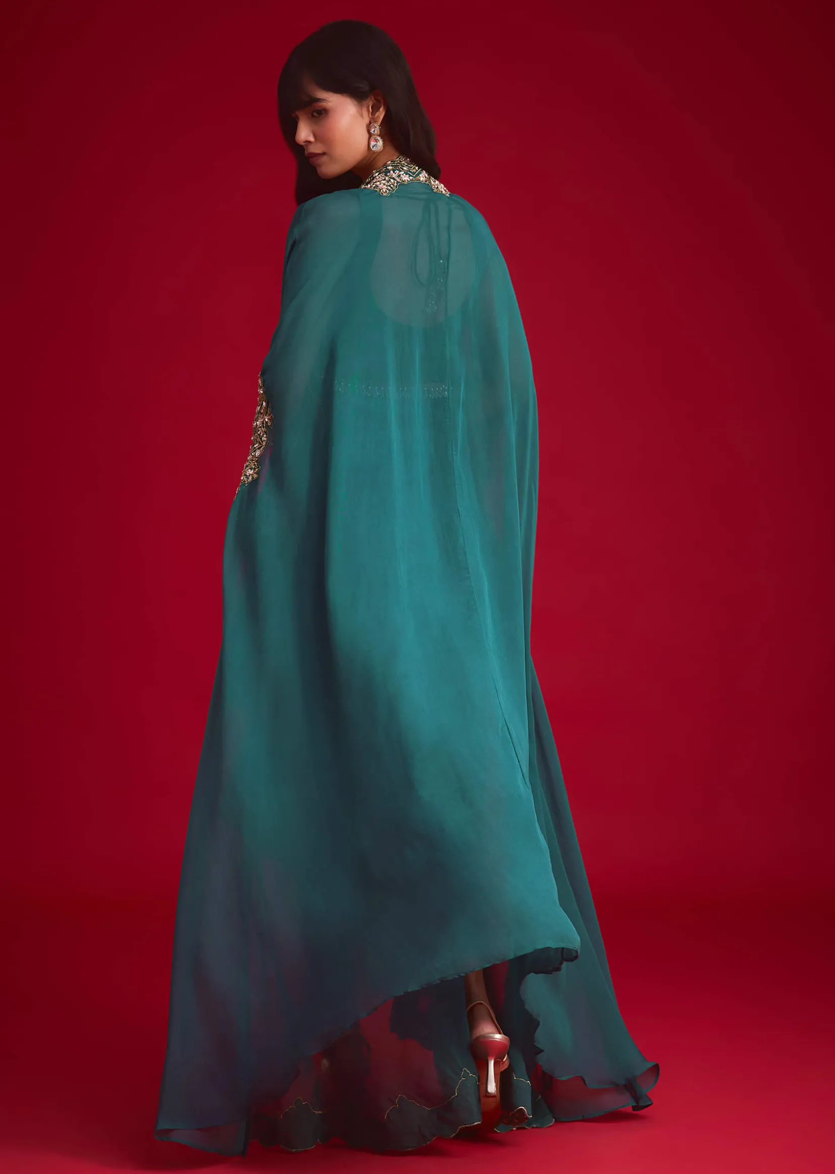 Teal Embroidered Crop Top And Draped Skirt With Jacket