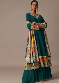 Teal Embroidered Kurta Palazzo Set With Mirror Work Dupatta