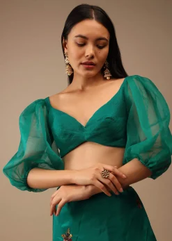 Teal Green Blouse In Raw Silk With Three Quarter Sleeves And Sweetheart Neckline