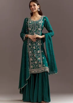 Teal Green Cutdana And Sequins Kurta Sharara With Dupatta