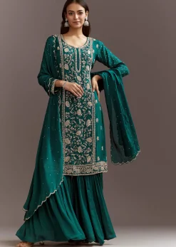 Teal Green Cutdana And Sequins Kurta Sharara With Dupatta