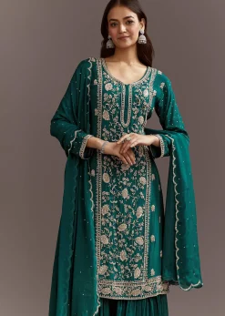 Teal Green Cutdana And Sequins Kurta Sharara With Dupatta