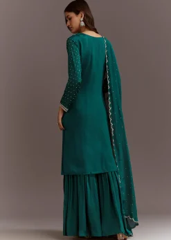 Teal Green Cutdana And Sequins Kurta Sharara With Dupatta