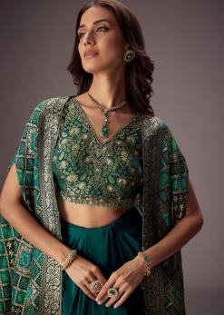 Teal Green Draped Skirt With Embroidered Blouse And Tassel Cape