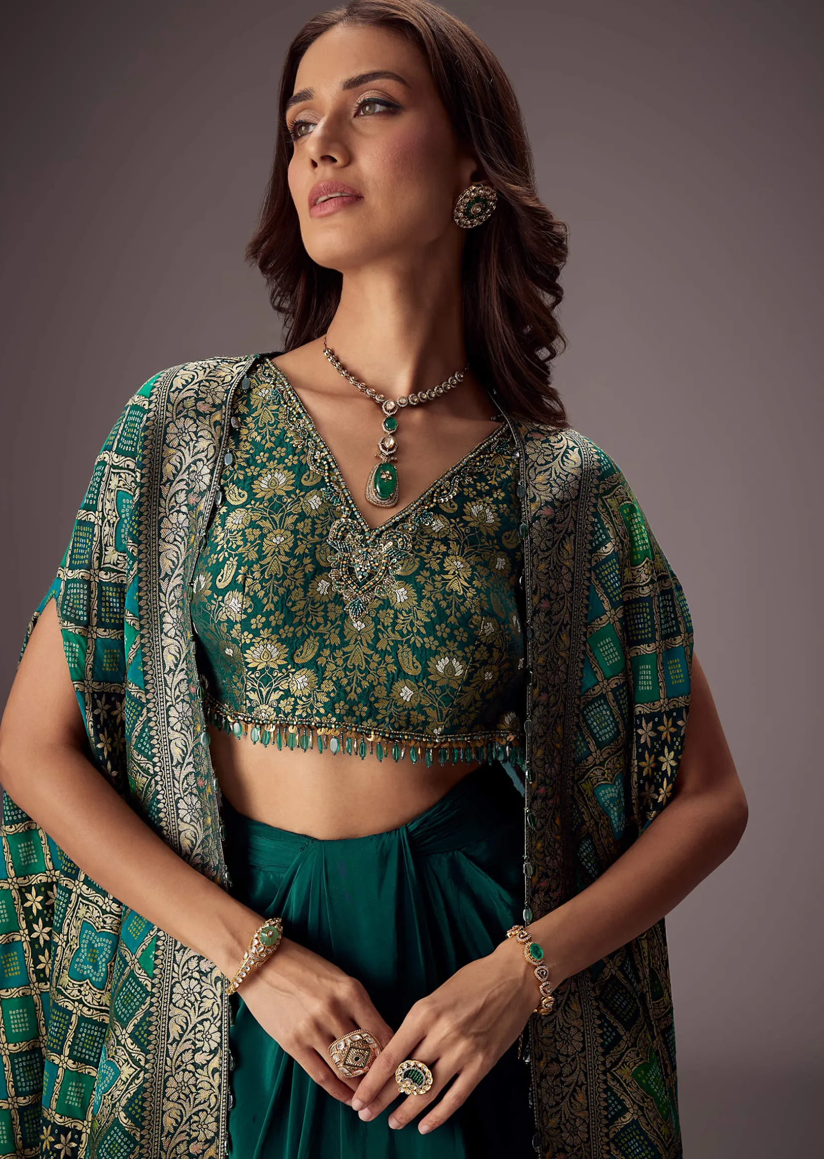 Teal Green Draped Skirt With Embroidered Blouse And Tassel Cape