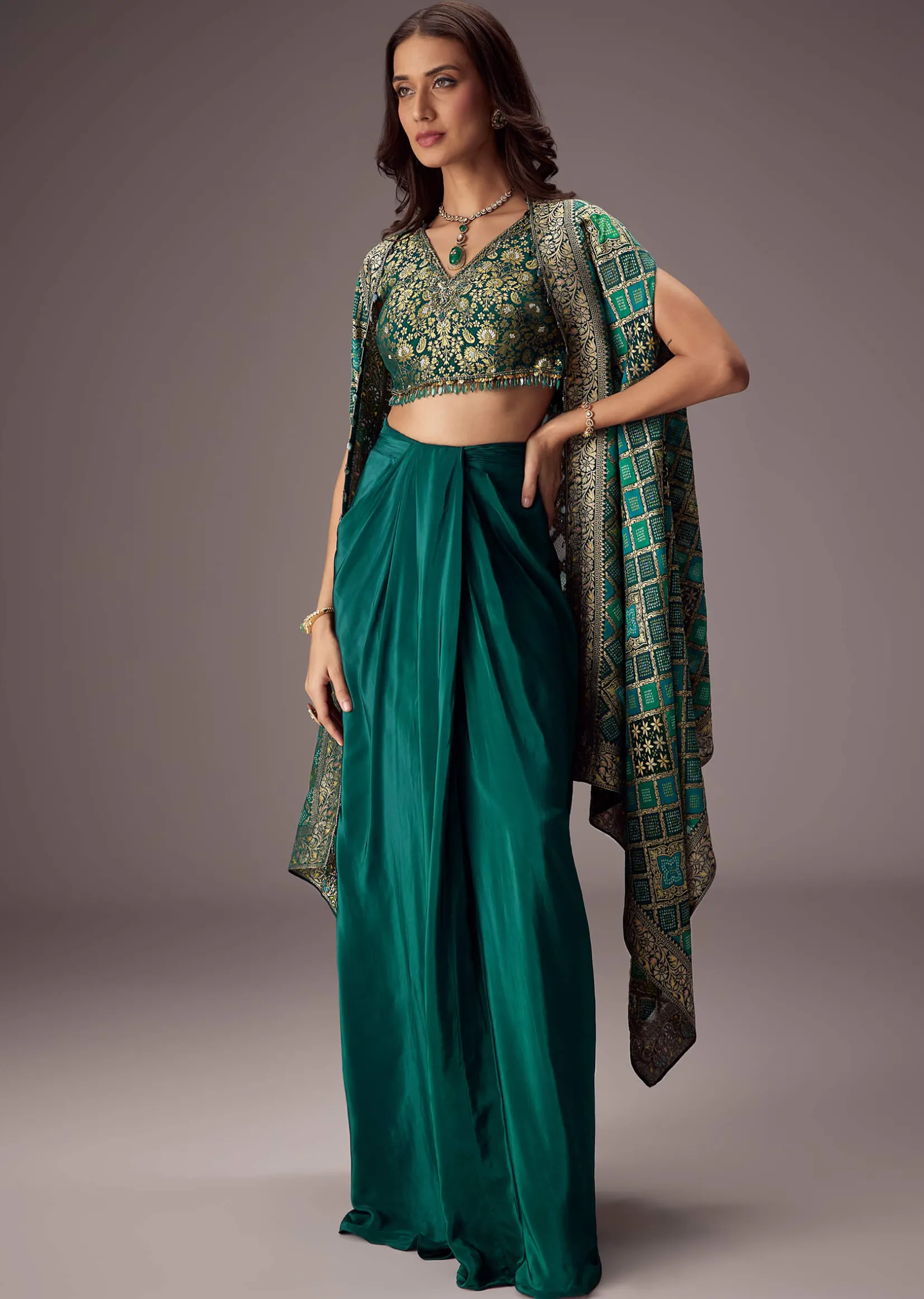 Teal Green Draped Skirt With Embroidered Blouse And Tassel Cape