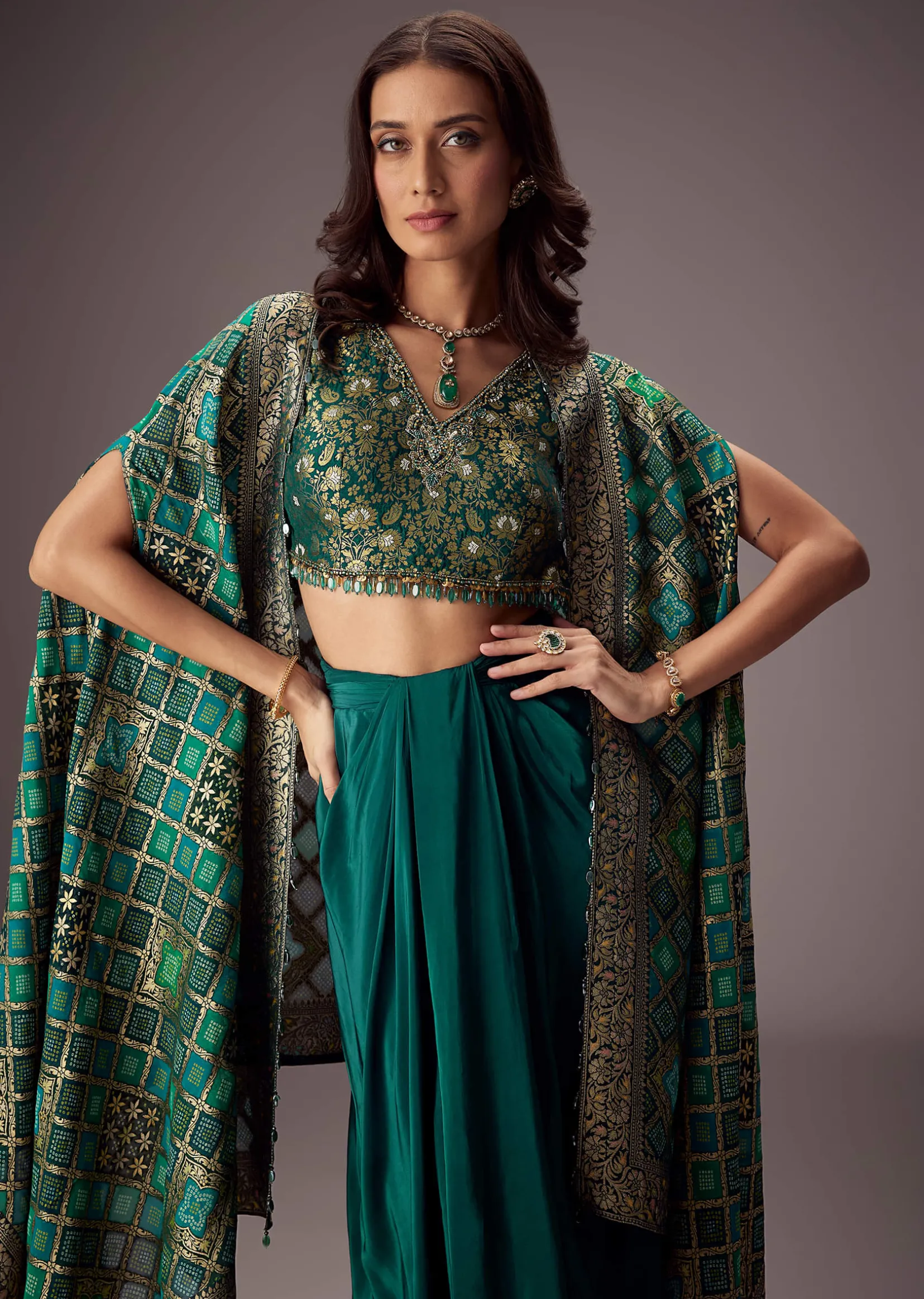 Teal Green Draped Skirt With Embroidered Blouse And Tassel Cape