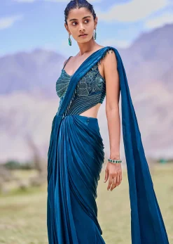 Teal Green Embroidered Drape Gown With Pleated Tassel Pallu