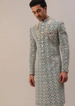 Teal Green Embroidered Sherwani Set With Layered Mala