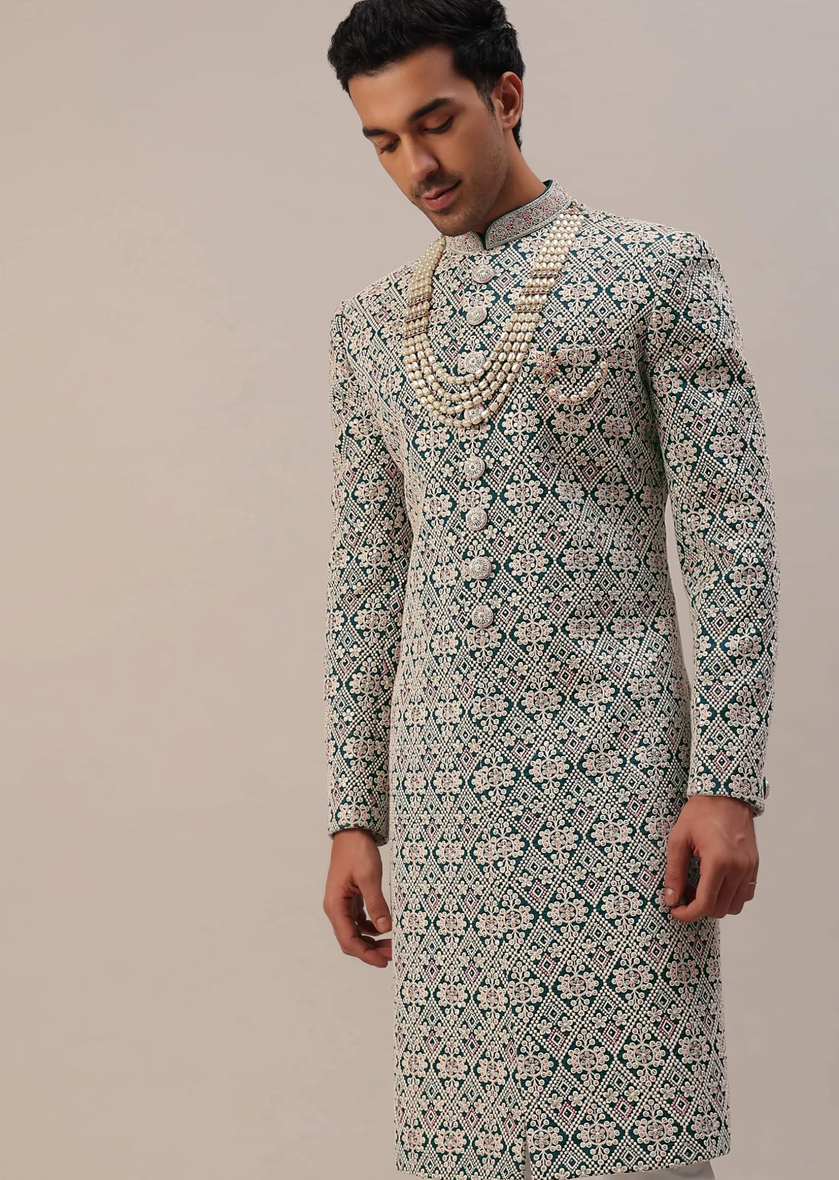 Teal Green Embroidered Sherwani Set With Layered Mala