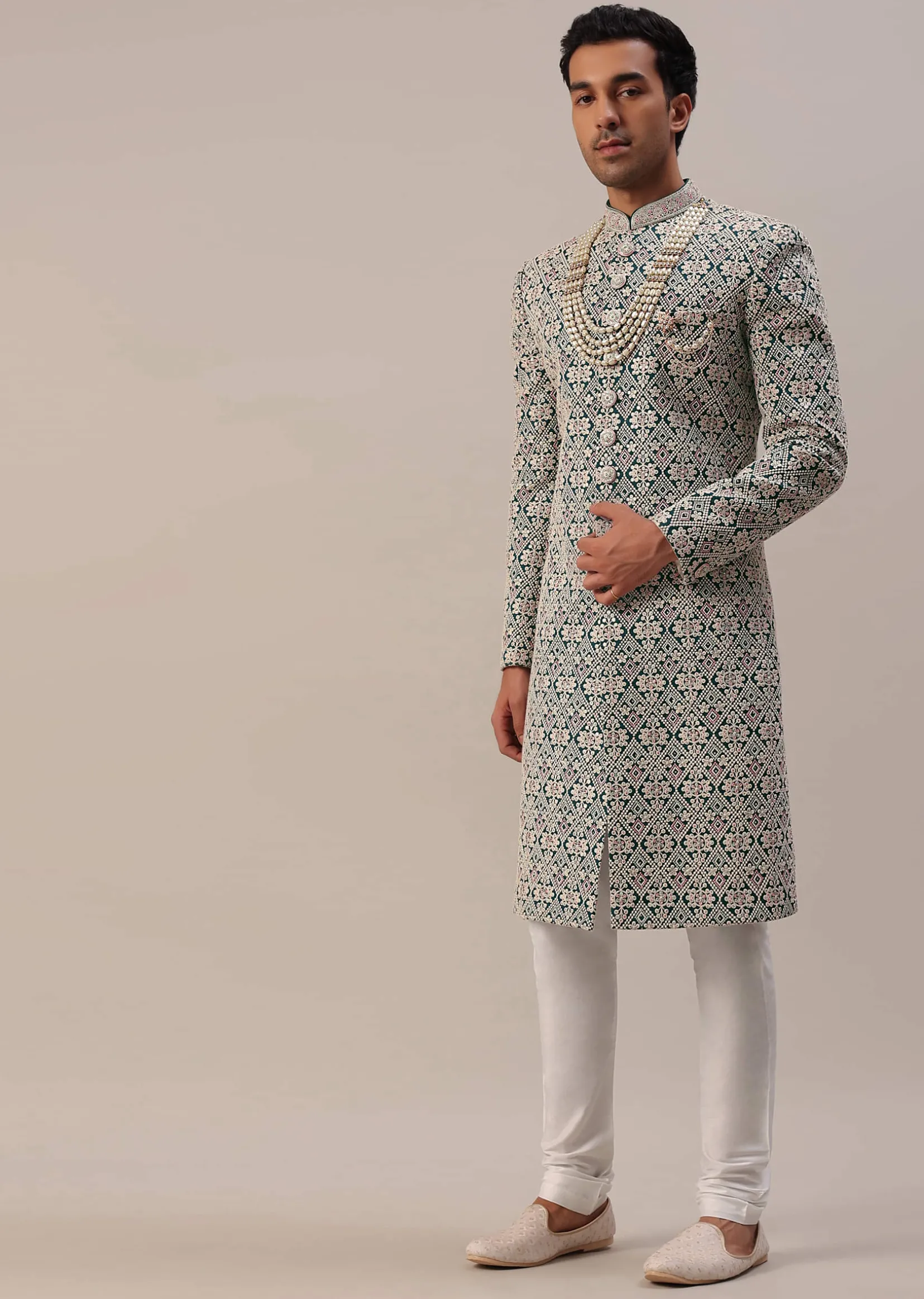 Teal Green Embroidered Sherwani Set With Layered Mala