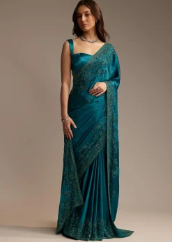 Teal Green Satin Chinon Saree with Floral Embroidery