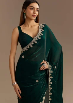 Teal Green Satin Saree With Zardosi Embroidery And Scallop Border