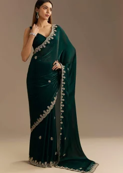 Teal Green Satin Saree With Zardosi Embroidery And Scallop Border