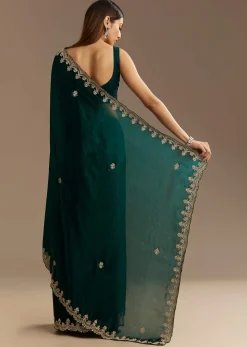 Teal Green Satin Saree With Zardosi Embroidery And Scallop Border