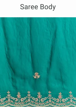 Teal Green Satin Saree With Zardosi Moti Embroidery And Scallop Border