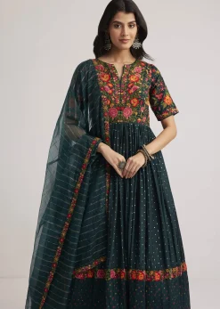 Teal Green Silk Bandhani Anarkali With Organza Dupatta