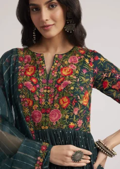 Teal Green Silk Bandhani Anarkali With Organza Dupatta