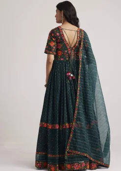 Teal Green Silk Bandhani Anarkali With Organza Dupatta