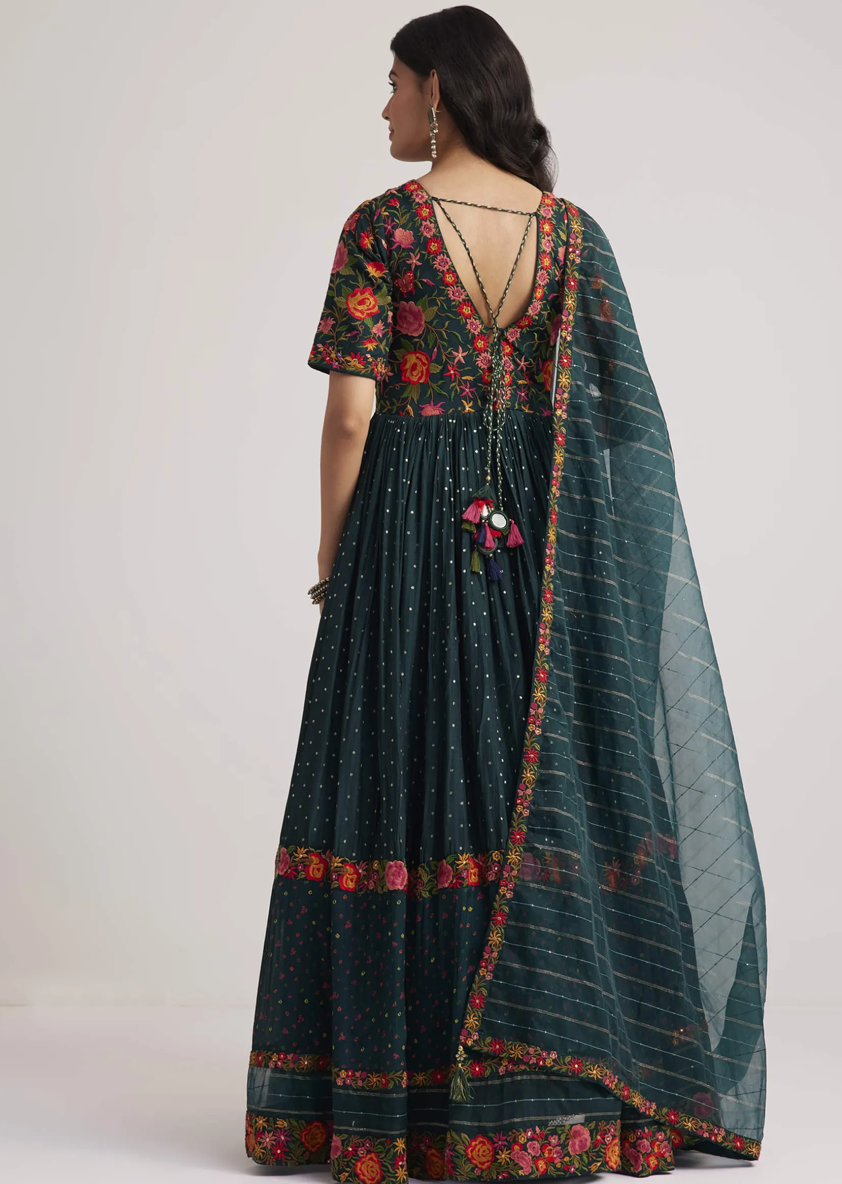 Teal Green Silk Bandhani Anarkali With Organza Dupatta
