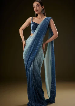 Teal Ombre Sequence Ready To Wear Saree With Velvet Blouse