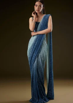 Teal Ombre Sequence Ready To Wear Saree With Velvet Blouse
