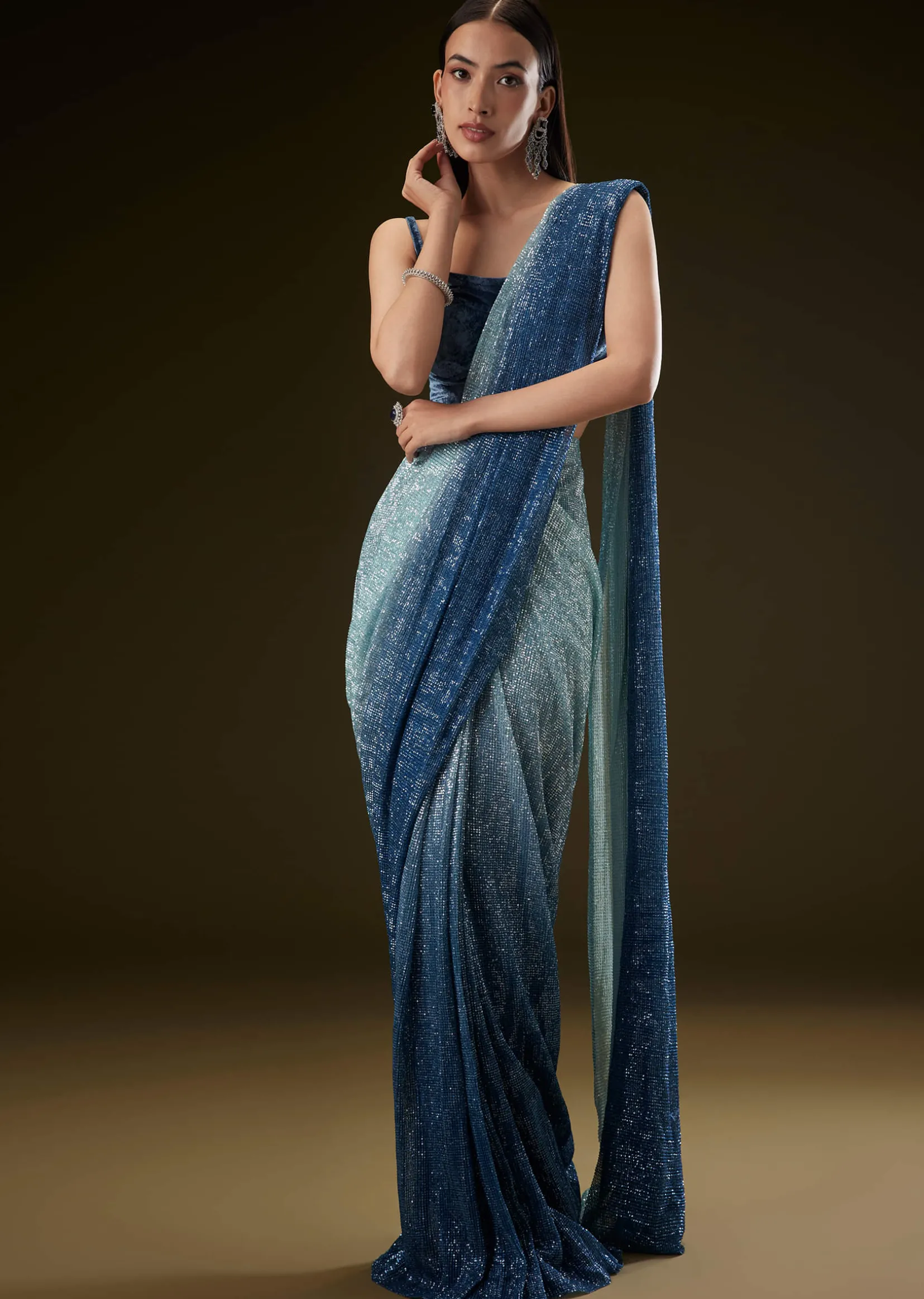 Teal Ombre Sequence Ready To Wear Saree With Velvet Blouse