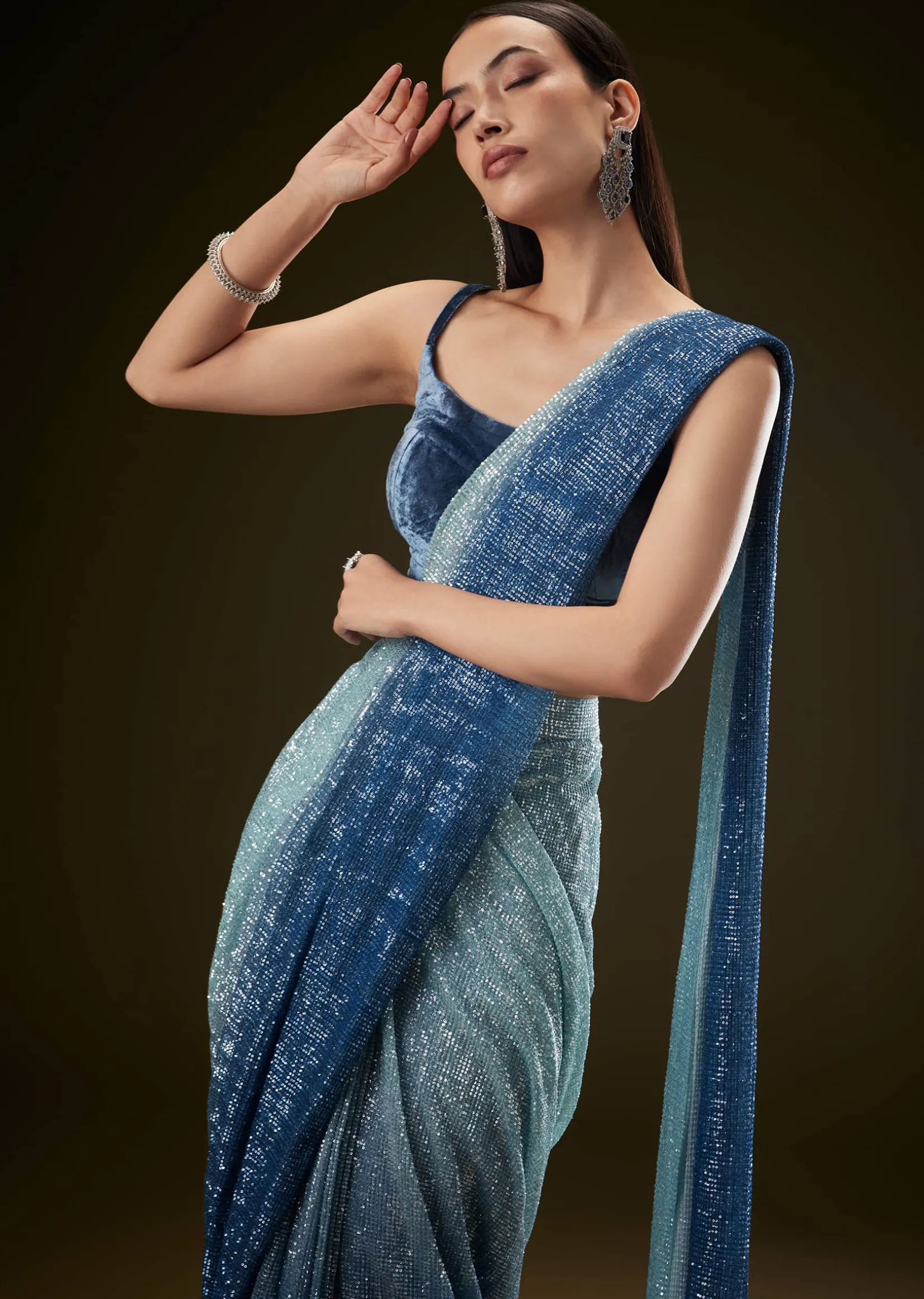 Teal Ombre Sequence Ready To Wear Saree With Velvet Blouse