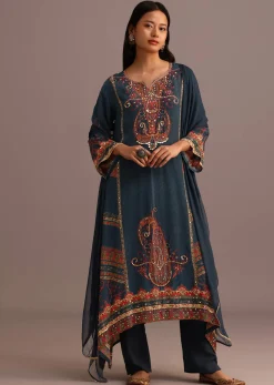 Teal Printed Kurti Pant Set With Chiffon Dupatta