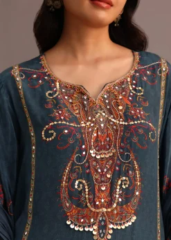 Teal Printed Kurti Pant Set With Chiffon Dupatta