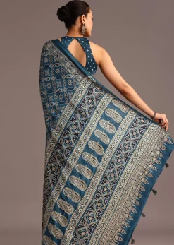 Teal Satin Ajrakh Print Saree With Mirror Embellished Border And Pallu
