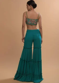 Teal Sharara And Crop Top Set With Colorful Resham, Cut Dana And Moti Embroidered Spring Blooms