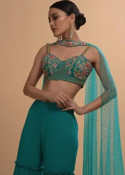 Teal Sharara And Crop Top Set With Colorful Resham, Cut Dana And Moti Embroidered Spring Blooms