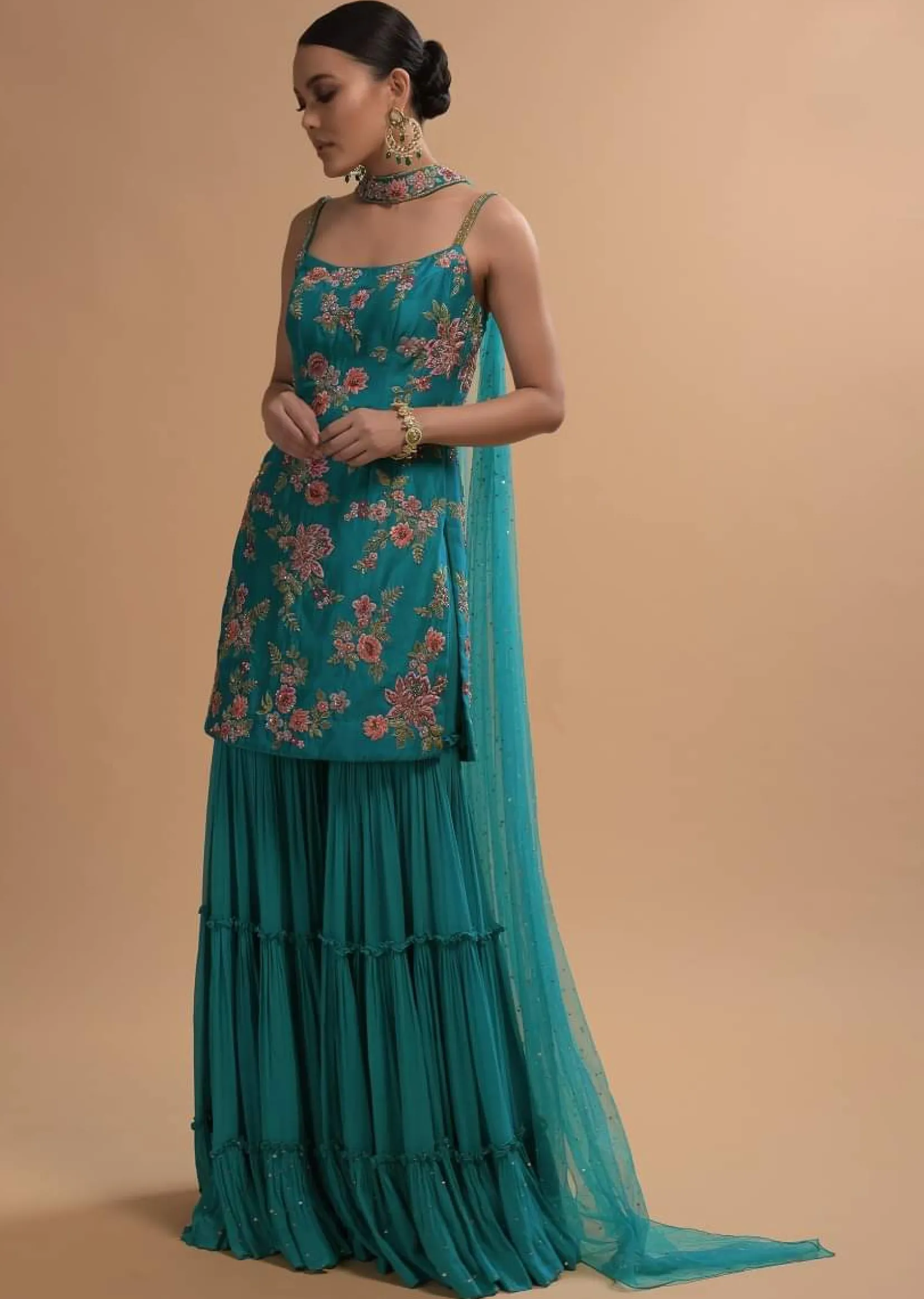 Teal Sharara Suit With Colorful Resham, Cut Dana And Moti Embroidered Spring Blossoms