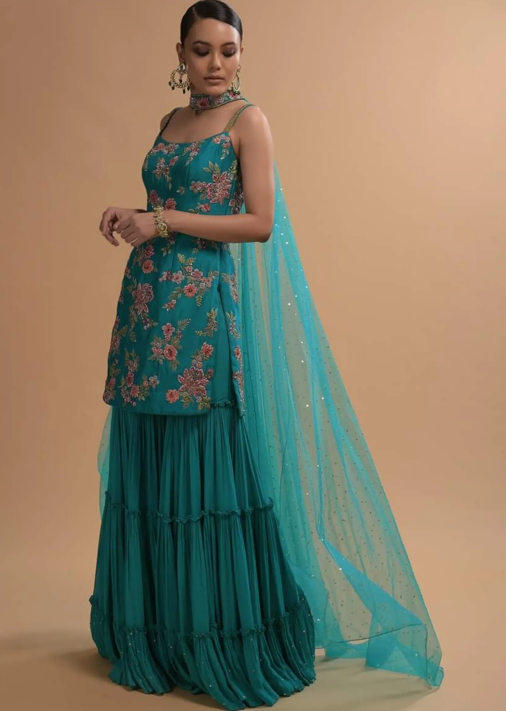 Teal Sharara Suit With Colorful Resham, Cut Dana And Moti Embroidered Spring Blossoms
