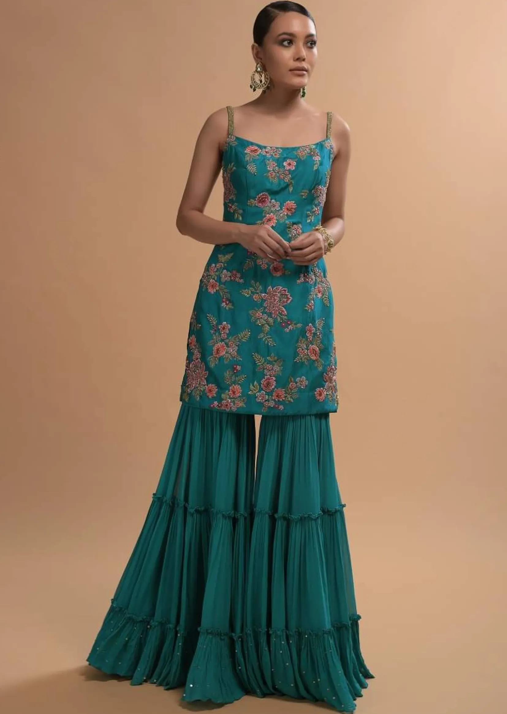 Teal Sharara Suit With Colorful Resham, Cut Dana And Moti Embroidered Spring Blossoms