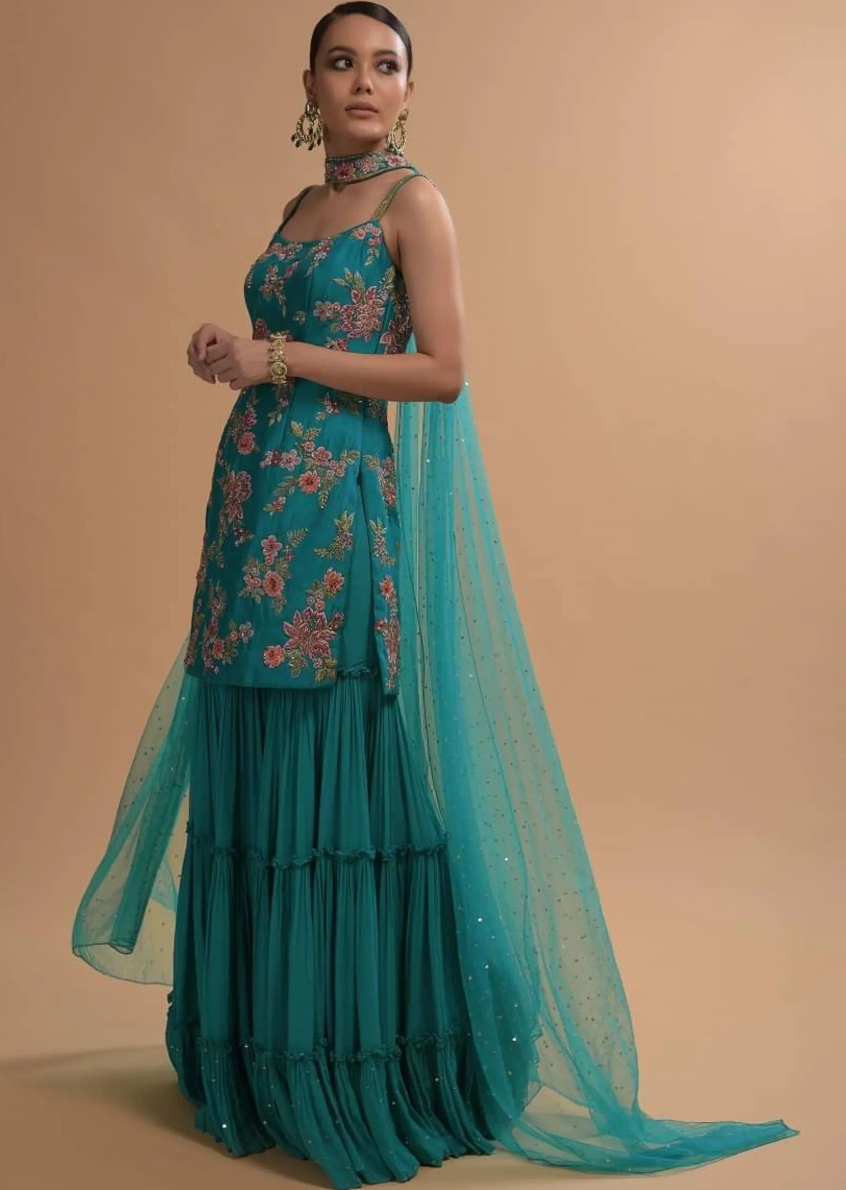 Teal Sharara Suit With Colorful Resham, Cut Dana And Moti Embroidered Spring Blossoms