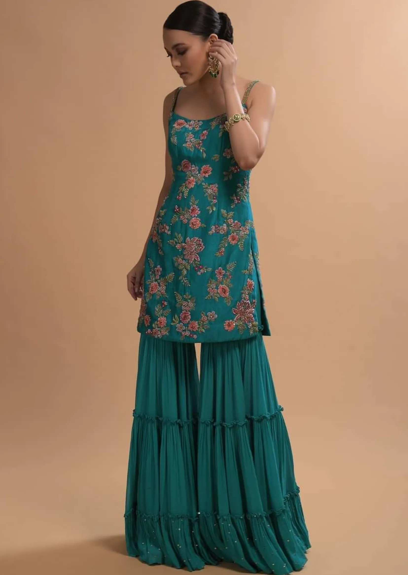 Teal Sharara Suit With Colorful Resham, Cut Dana And Moti Embroidered Spring Blossoms