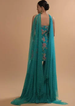Teal Sharara Suit With Colorful Resham, Cut Dana And Moti Embroidered Spring Blossoms