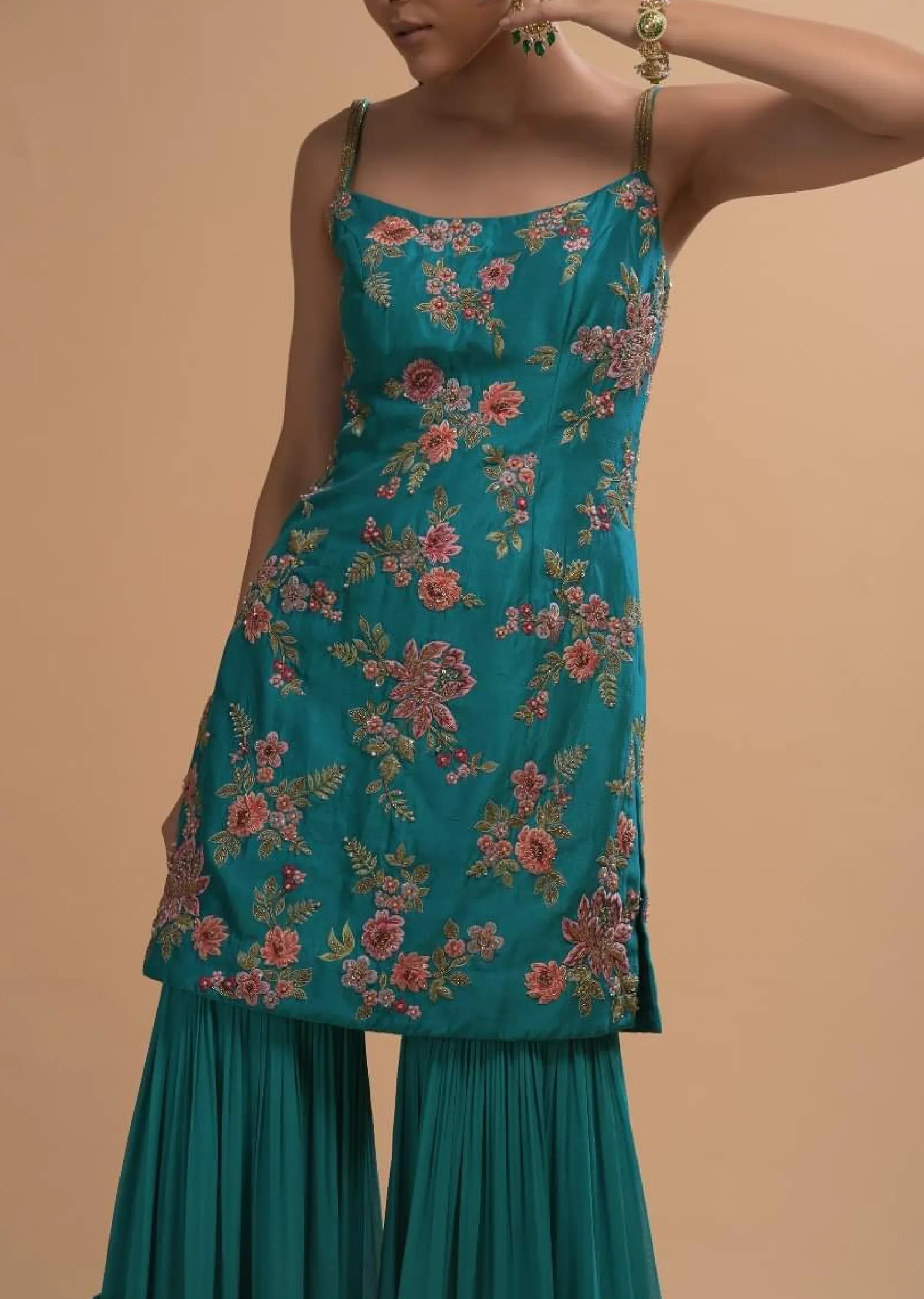 Teal Sharara Suit With Colorful Resham, Cut Dana And Moti Embroidered Spring Blossoms