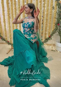 Teal Sharara Suit With Colorful Resham, Cut Dana And Moti Embroidered Spring Blossoms