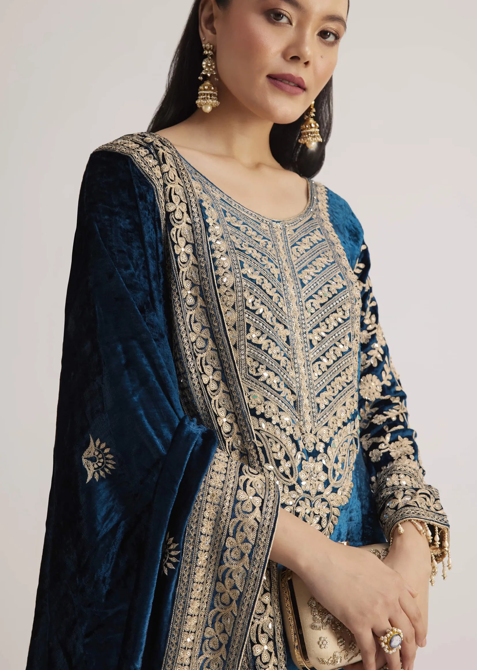Teal Velvet Embroidered Palazzo Suit