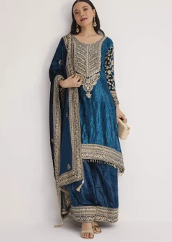 Teal Velvet Embroidered Palazzo Suit